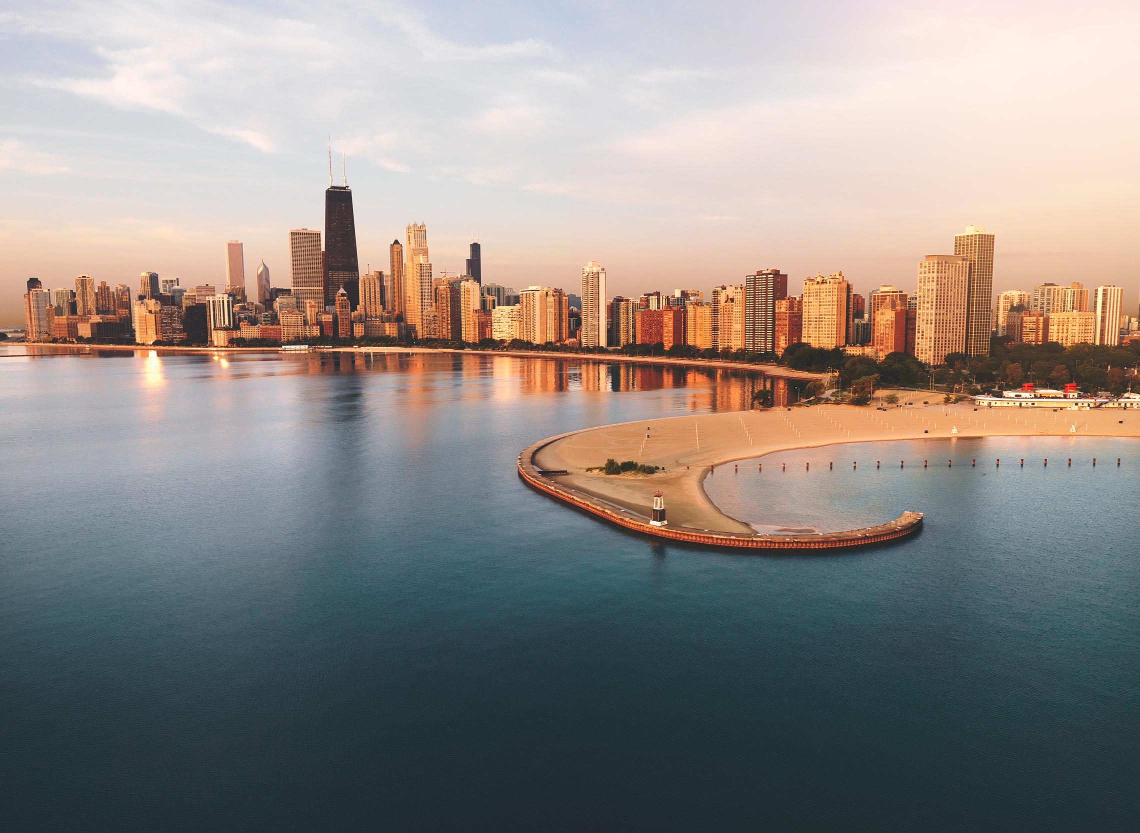 City skyline at sunset